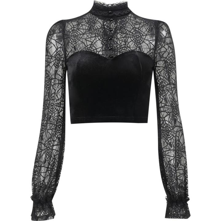 Goth Black Long Sleeve Corset Crop Tops Women Aesthetic V-Neck Velvet Lace Mesh T-Shirts Y2K Harajuku Vintage Fashion Tops