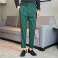 British Style Autumn New High Waist Trousers Men Belt Design Slim Fit Suit Pants Office Social Wedding Party Formal Pants Hommes.