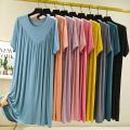 Super Soft Comfortable Short Sleeve Loose Pajama Dress Female Korean Loose V-Shaped Long Nightdress Modal Bottoming Night Shirt. 