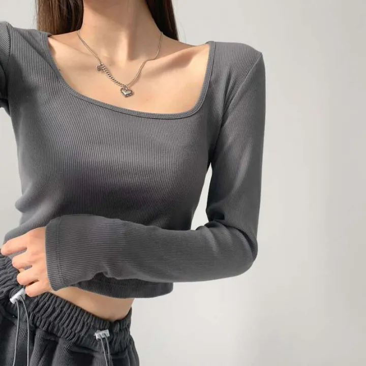 Square%20neck%20long%20sleeved%20T%20shirt%20for%20women%20wearing%20spicy%20girl%20style%20exposed%20collarbone%20short%20and%20slim%20fit%20bottom%20shirt%20with%20versatile%20ins%20top%20inside%20-%20Image%206