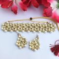 Pearl White And Golden Kundan Choker Necklace With Earring - Necklace For Girls. 