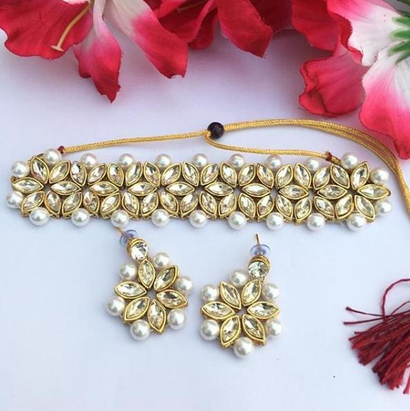 Pearl White And Golden Kundan Choker Necklace With Earring - Necklace For Girls