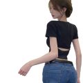 Super hot cropped top women's 2023 summer sexy babes style backless base layer shirt solid color versatile short sleeve t-shirt women. 