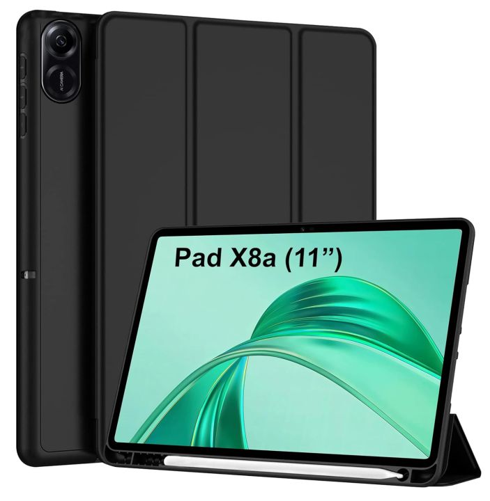 Case for Honor Pad X8a 11 inch Tablet Trifold Smart Stand Flip Cover with Pen holder | Leather Finish | Heat Dissipation Auto Wake-Up/Sleep Mode TPU Back Cover - Black - Navy Blue