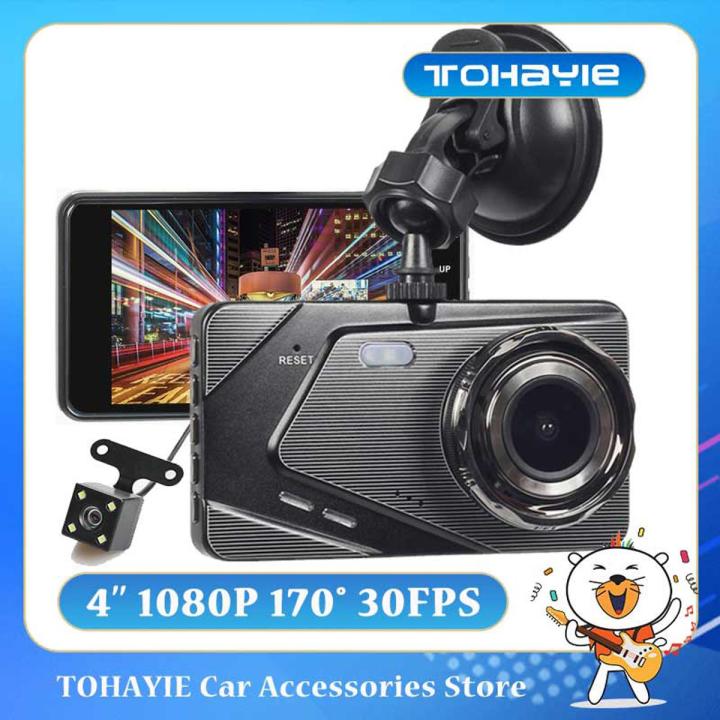 TOHAYIE 1080P 4 inch Car Camera 170° Wide Angle 24H Parking Monitoring Dash Cam HD DVR Dual Driving Recorder with Rear Camera (with 8G TF Card)