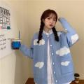 Spring and Autumn Korean Style ins Sweet Blue Sky and White Clouds Knitted Cardigan for Women Idle Style Loose round Neck Student Sweater Coat. 