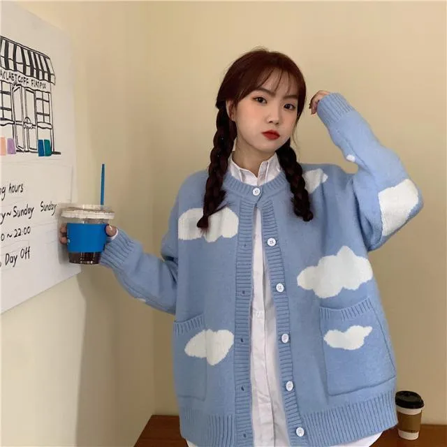 Spring%20and%20Autumn%20Korean%20Style%20ins%20Sweet%20Blue%20Sky%20and%20White%20Clouds%20Knitted%20Cardigan%20for%20Women%20Idle%20Style%20Loose%20round%20Neck%20Student%20Sweater%20Coat%20-%20Image%203