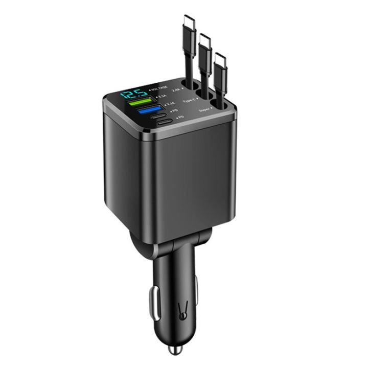 7-In-1 Retractable Car Charger with Digital Voltmeter USB+PD Port Fast Charging Cable