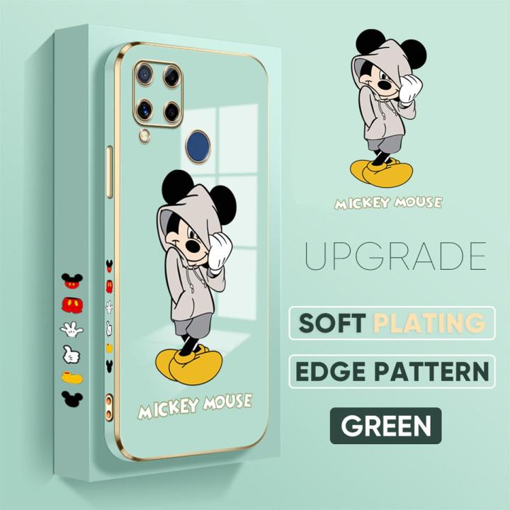 TA for Realme C15 / Realme C15 Qualcomm Edition Back Cover + Free Lanyard Handsome Mouse Luxury 6D Plating Case Side Pattern Soft Silicone Square Phone Cases