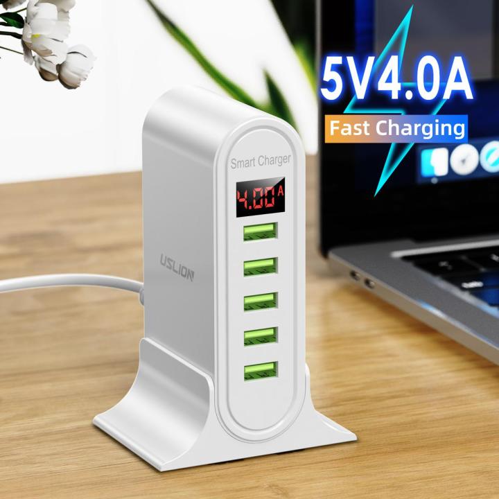 USLION 5 Port USB Charger For Xiaomi LED Display Multi USB Charging Station Universal Phone Desktop Wall Home EU US UK Plug
