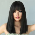 Temperament wig female medium long straight hair tail a cut black synthetic high temperature silk whole head cover.