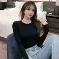 New Fleece-Lined Black Long Sleeve T T-shirt Women's Autumn and Winter Inner Bottoming Shirt Women's Thickened Warm Slim-Fit Figure Flattering Top. 