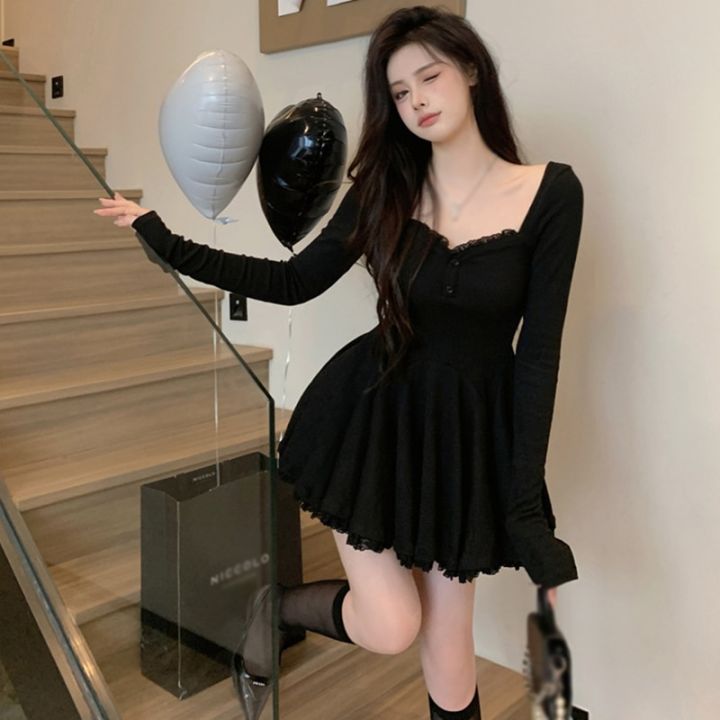 Korean%20Dress%20Short%20French%20Style%20Long%20Sleeve%20Collarbone%20Exposed%20Square%20Collar%20-%20Image%206