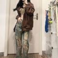 Women's National Fashion Ripped JeansinsTrendy American High Street Small ManhiphopHot Girl Pants Baggy Straight Trousers.