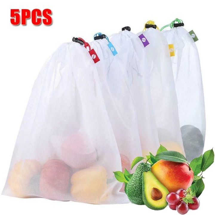 5pcs Fruit Vegetable Storage Mesh Bags Reusable Net Bags Kitchen Food  Organizer Washable Toys Grocery Storage Packaging Bag