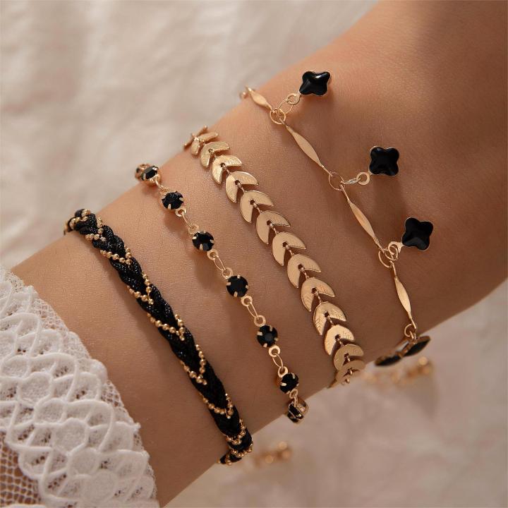 new jewelry sweet and cool style black diamond five-petal flower multi-layer bracelet set ins style bracelet four-piece set