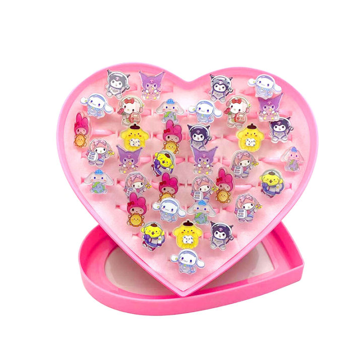 36Pcs/box Sanrio Hello Kitty Kid Ring Kids Adjustable Baby Rings Fashion Cartoon Children Rings With Heart Box Party Gift