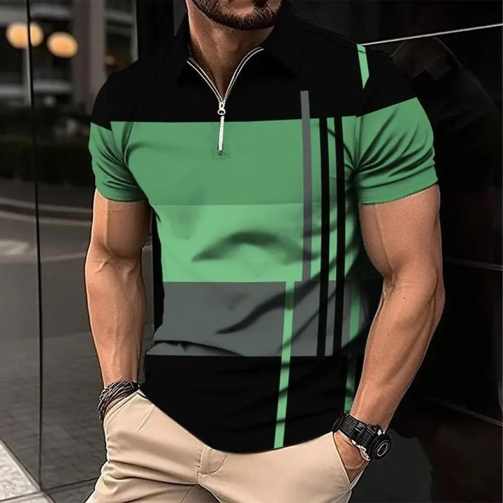 Men's Zip Polo Shirt 3d Stripe Print Fashion Clothing Summer Business Casual T-Shirt Mens Polo Shirt Zip Short Sleeve Street Top