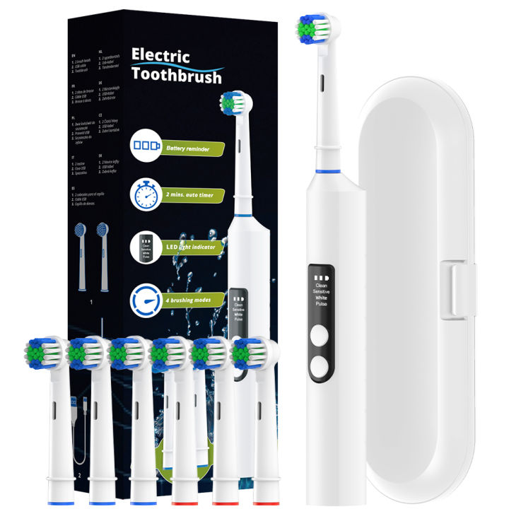 【Shop the Latest Trends】 Smart Rotating Electric Toothbrush, 4 Modes Rechargeable Rotary Toothbrush with 6 Heads, Compatible with Oral B Replacement Head