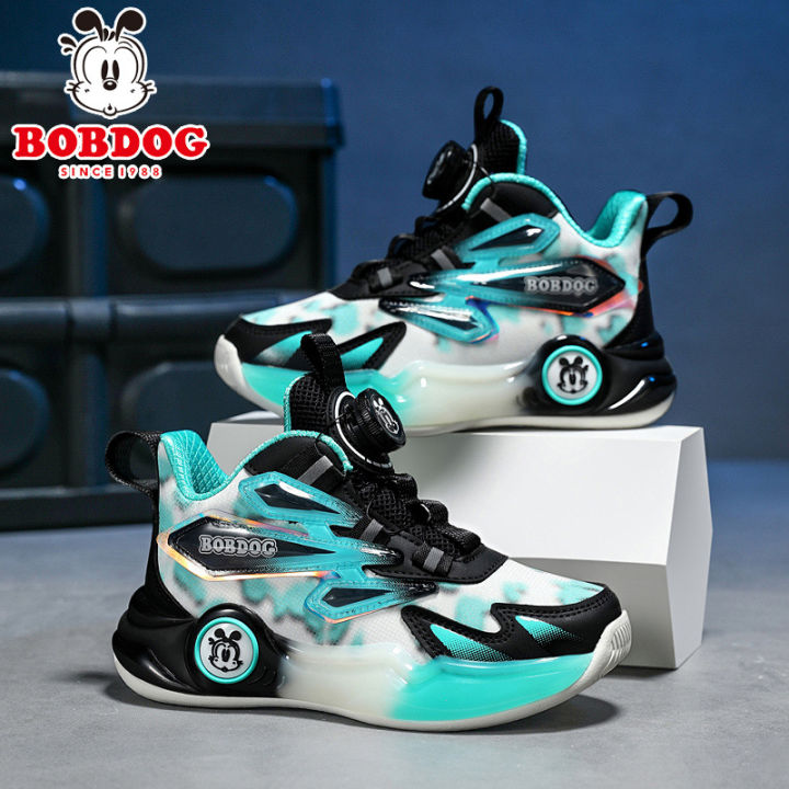 Bobdog Basketball Shoes for Boys Autumn and Winter New Leather Non-Slip Children's Sneaker Rotary Button Youth Fashion Pumps