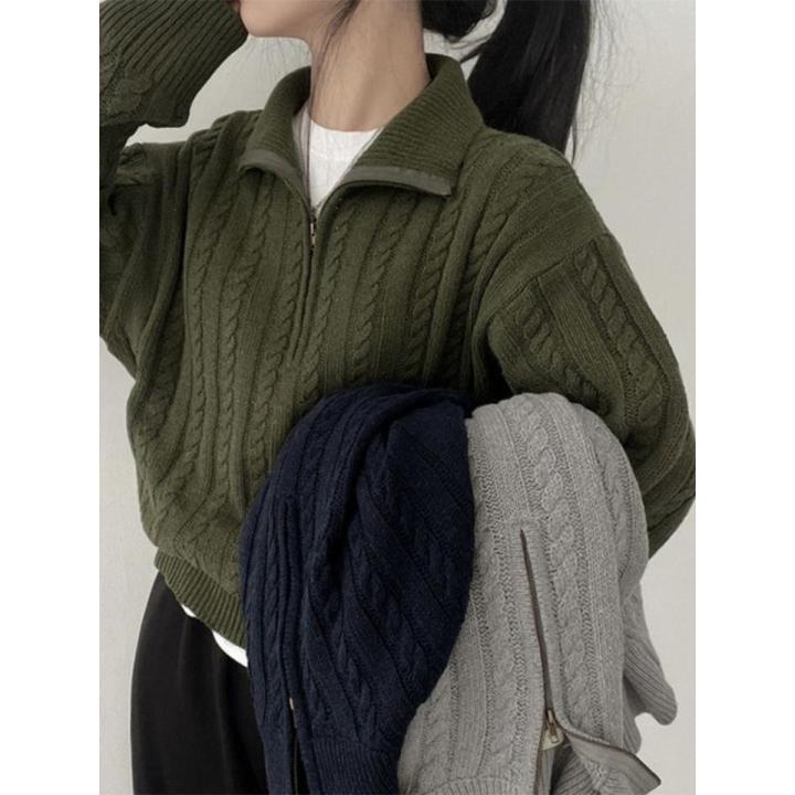 Women Autumn New Solid Color Sweater 2022 New Half High Collar Knit Pullover Baggy Long Sleeve Zipper Lady Knitwear BF Oversize