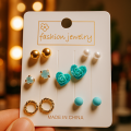 Trendy 6 Pair Stud Earring Set for Women & Girls – Blue Floral, Pearl, and Gold Design, Fashion Jewelry Gift Set.