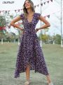 Summer Elegant Floral Long Dress Women Casual Bandage Irregular Slit Boho Beach Dress Fashion Green V Neck New In Dresses 2023.