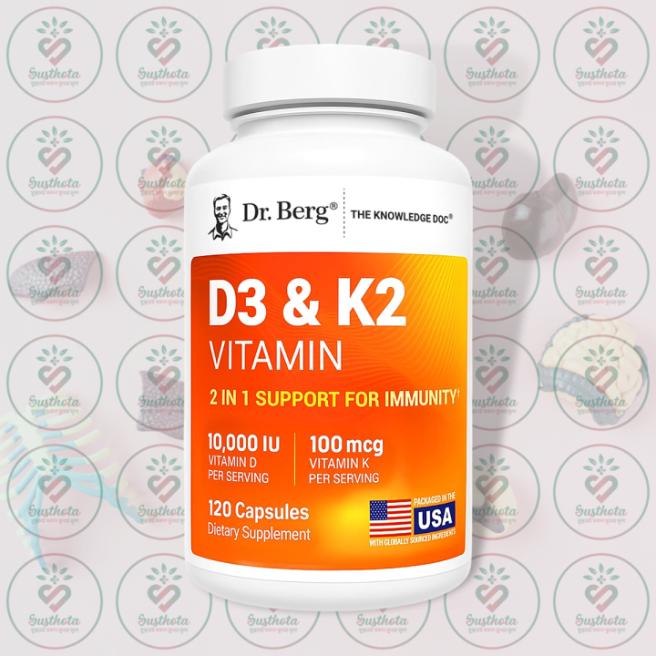 Dr. Berg D3 & K2 Vitamin – 10000 IU & 100 mcg – 120 Capsules – with Magnesium, Zinc, B6 – for Bone, Heart & Immune Support