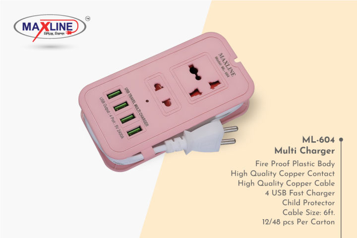travel%20multi%20charger%204%20USB%20PORT%20with%20multiplug%20MAXLINE%20ML-604%20Multi-plug%20With%204%20USB%20Port%20And%205pin%20Socket%206%20FEET%20CABLE%20SAFETY%20SHUTTER%20MILTIPLUG%20FAST%20CHARGING%20-%20Image%202