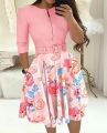 Womens Dresses 2023 Summer Fashion Floral Print Colorblock Zipper Design Casual Round Neck Three Quarters Midi Party Dress.