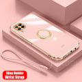 For Huawei Nova 7i Back Cover with Ring Holder Stand + Wrist Strap Shiny Plating Square Bumper Protective Case Soft Silicone Shockproof Mobile Phone Cases.