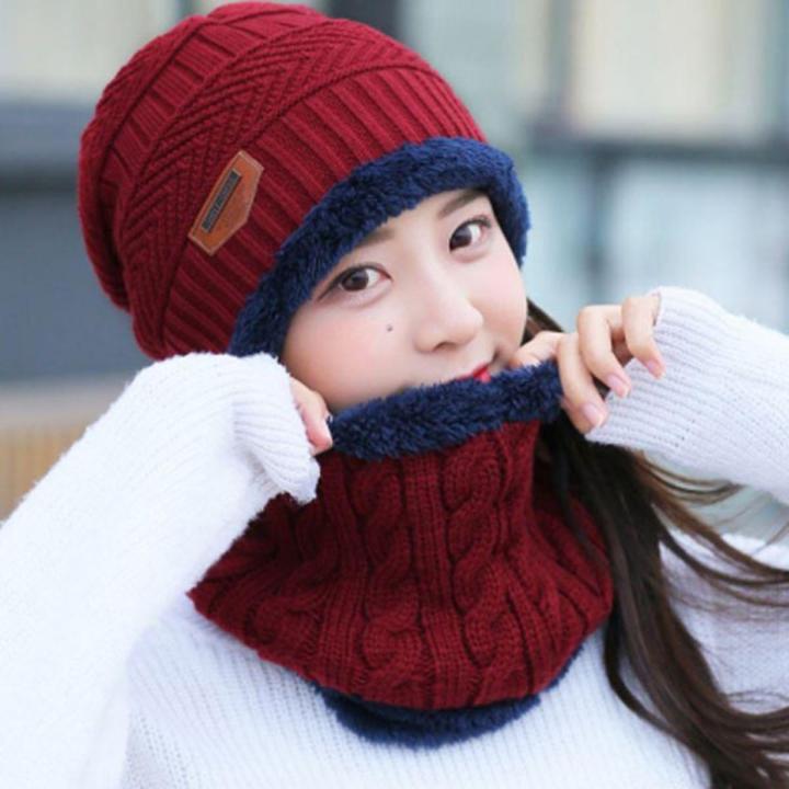 Neck warmer knitted hat scarf set fur Wool Lining Thick Warm Knit