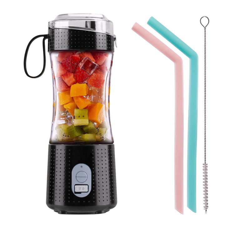 Portable Personal Blender for Smoothie and Shakes - USB Rechargeable Juicer Cup Including Reusable Silicone Straws Black