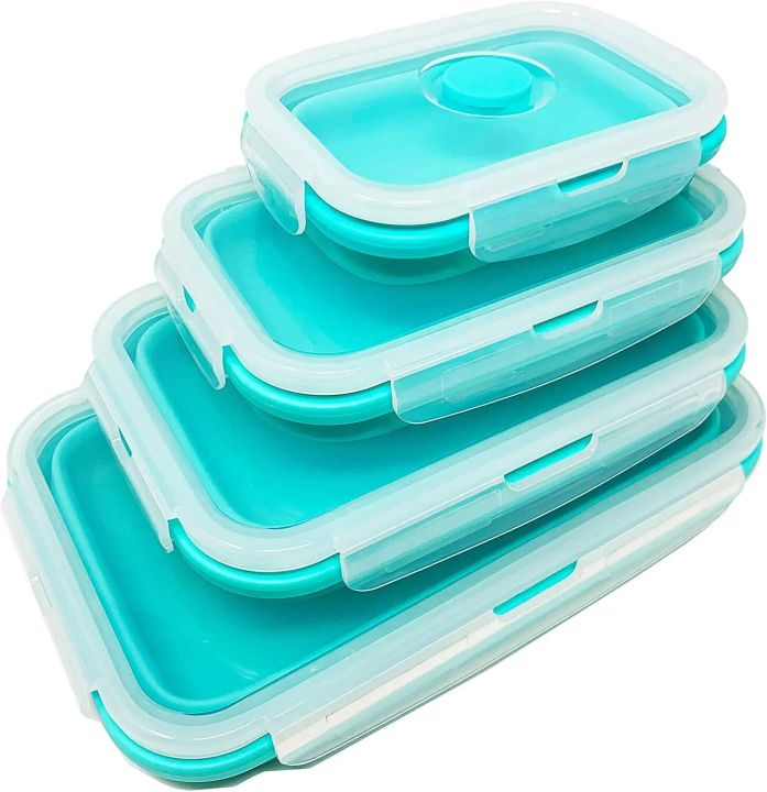 Set of 4 Collapsible Silicone Food Storage Container Leftover Meal box For Kitchen Bento Lunch Boxes BPA Free Microwave