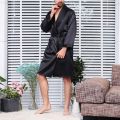 Men Nightgown Long Sleeve Robe Large Size Black Bathrobe Comfortable Sleepwear Imitation Silk with Pockets Waist Belt Home Gown. 