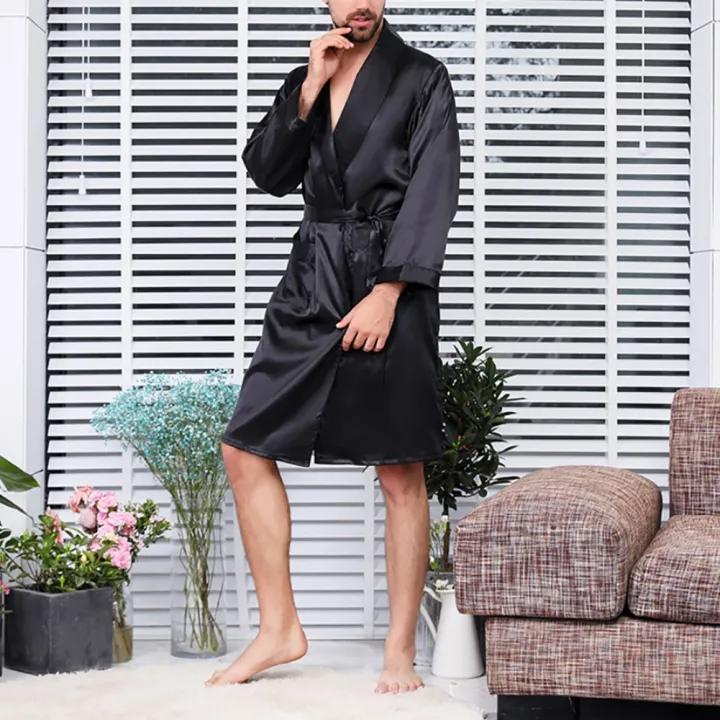 Men%20Nightgown%20Long%20Sleeve%20Robe%20Large%20Size%20Black%20Bathrobe%20Comfortable%20Sleepwear%20Imitation%20Silk%20with%20Pockets%20Waist%20Belt%20Home%20Gown%20-%20Image%203