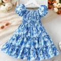 GC Summer Short Sleeves Dress For Girls Elegant Printing Fashion Ruffled A-line Skirt Casual Breathable Dress.