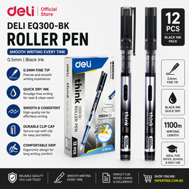 Deli EQ300BK Rollerball Pen Black Ink 0.5mm 12 Pcs Pack Smooth Writing Pen for Office & School