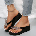 Women Slippers Summer New Fashion Round Toe Wedges Heel Comfortable Lightweight Flip Flops Soft Memory Foam Rhinestone Sandals.