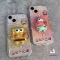 Spongebob Patrick Star 3D Steric Doll Stand Case Compatible For Redmi 12 A1 9A 9T 12C 10 10C 9 10A A2 9C NFC Note 12 10 10s 8 9 11 11s Pro Max Poco M3 Mi 11 12 Lite 3D Wavy Curved Edge Couples Cover.