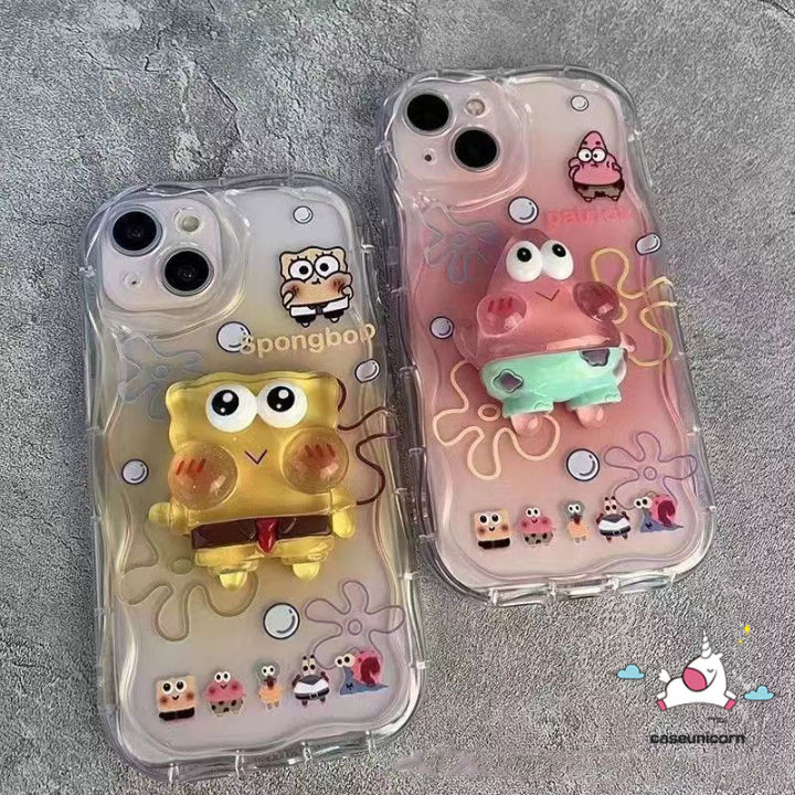 Spongebob Patrick Star 3D Steric Doll Stand Case Compatible For Redmi 12 A1 9A 9T 12C 10 10C 9 10A A2 9C NFC Note 12 10 10s 8 9 11 11s Pro Max Poco M3 Mi 11 12 Lite 3D Wavy Curved Edge Couples Cover