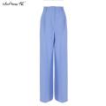 Blue Women High Waist Wide Leg Pants Ladies Casual Loose Casual Trousers Female Pleated Button Trousers Floor-Length. 