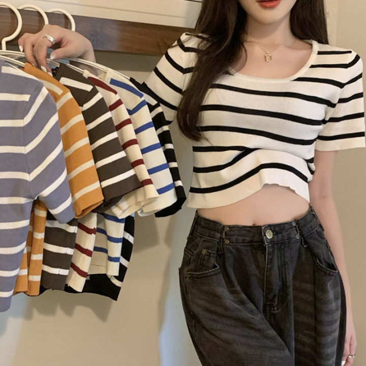 Black and White Stripes T T-shirt Women's Summer Short-Sleeved Sweater  Korean-Style Slim-Fit Hot Girl off-the-Navel Shoulder Design Short Top