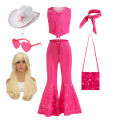 Girls New Movie Barbi Costume Margot Robbie Barbe Pink Top+Trousers Kids Halloween Cospaly Children Clothes. 