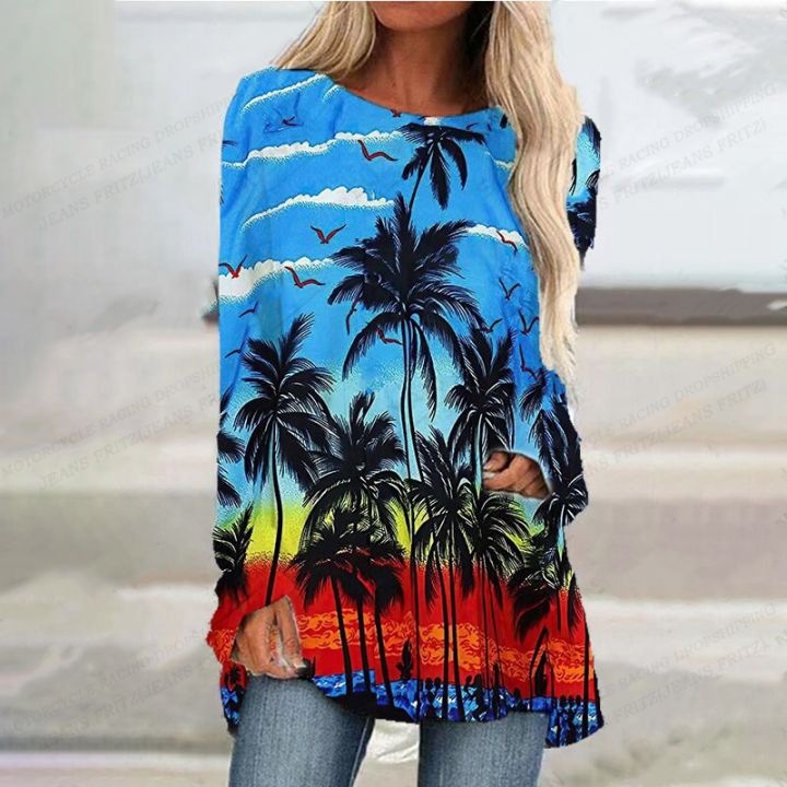 Women's T-shirt Coconut Tree T shirt Women Fashion T-shirt Beach Tshirt Hawaii T Shirt Long Sleeve Tshirt Ladies Tops Tees Tunic
