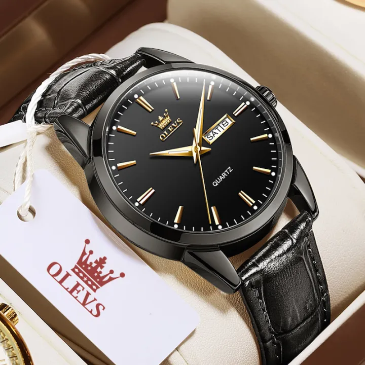 Olevs%206898%20Leather%20And%20Stainless%20Steel%20Waterproof%20Simple%20Quartz%20Watch%20-%20Coffee%20,%20Blue%20-%20Image%202