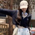Y2k Women Cardigan Sweater Knitted Cropped Korean Short Long sleeve Crop Top V neck Fashion Clothe.
