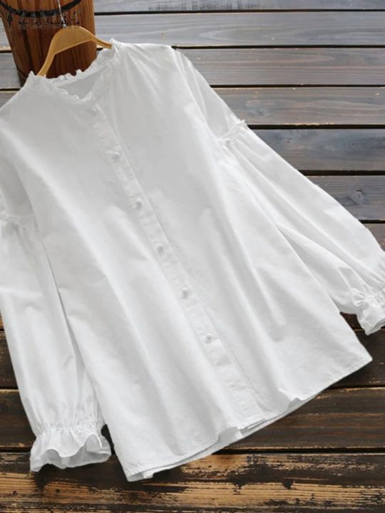 Elegant Ruffle Shirts ZANZEA Women Blouse Autumn Long Sleeve Blusas Casual Chemise Female Solid Loose Tops Oversize Tunic Mujer