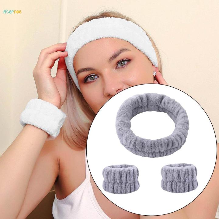 Face Wash Headband Wristband Set SPA Headband Makeup Headband Facial Wrist Cuffs for Shower , Gray