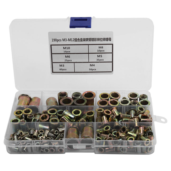 190Pcs%20M3-M12%20Plated%20Carbon%20Steel%20Flat%20Threaded%20Rivet%20Nut%20Flange%20Rivnut%20Nutsert%20Fastener%20-%20Image%203